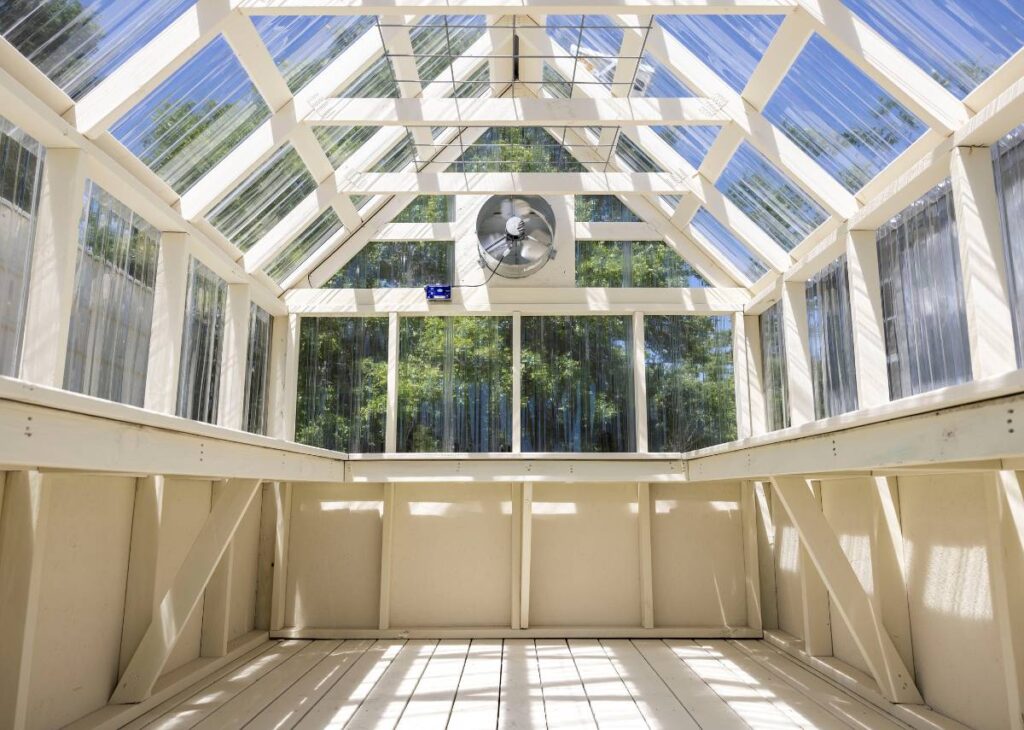 Interior of greenhouse for sale at Tiny Hive in Giddings, TX