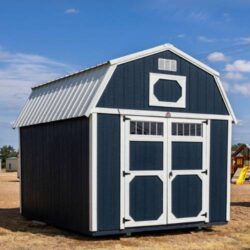 Lofted barn in blue for sale at Tiny Hive in Giddings, TX