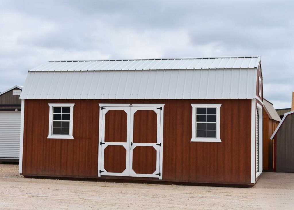 Urethane side lofted barns for sale at Tiny Hive in Giddings, TX