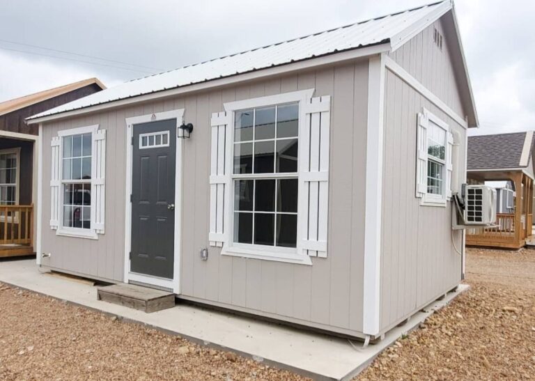 Exterior of finished studio cabin at Tiny Hive in Giddings