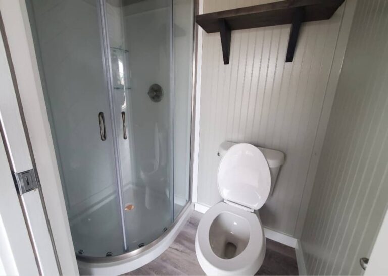 Bathroom in small cabin for sale at Tiny Hive in Giddings
