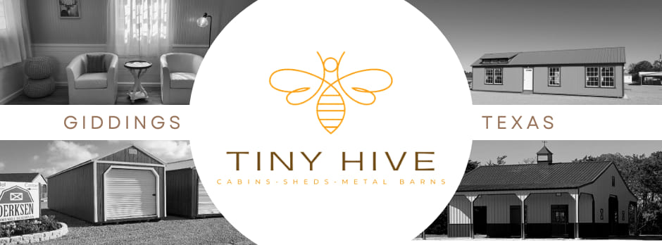 Portable storage and metal buildings at Tiny Hive in Giddings, TX