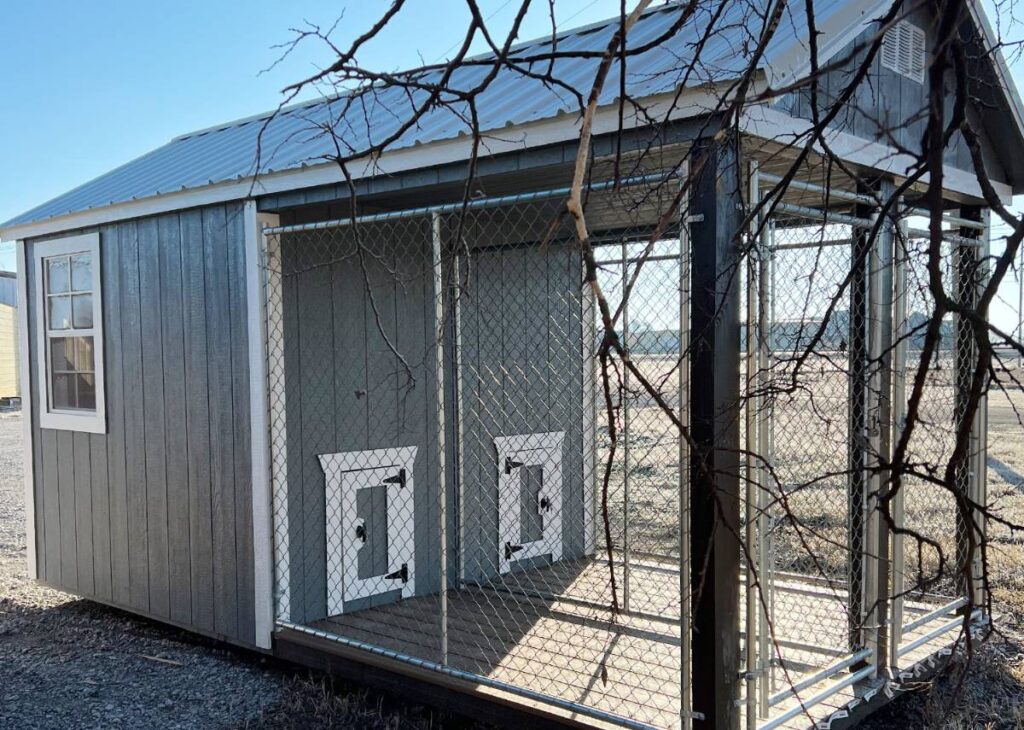 Double backyard dog kennel for sale at Tiny Hive in Giddings, TX