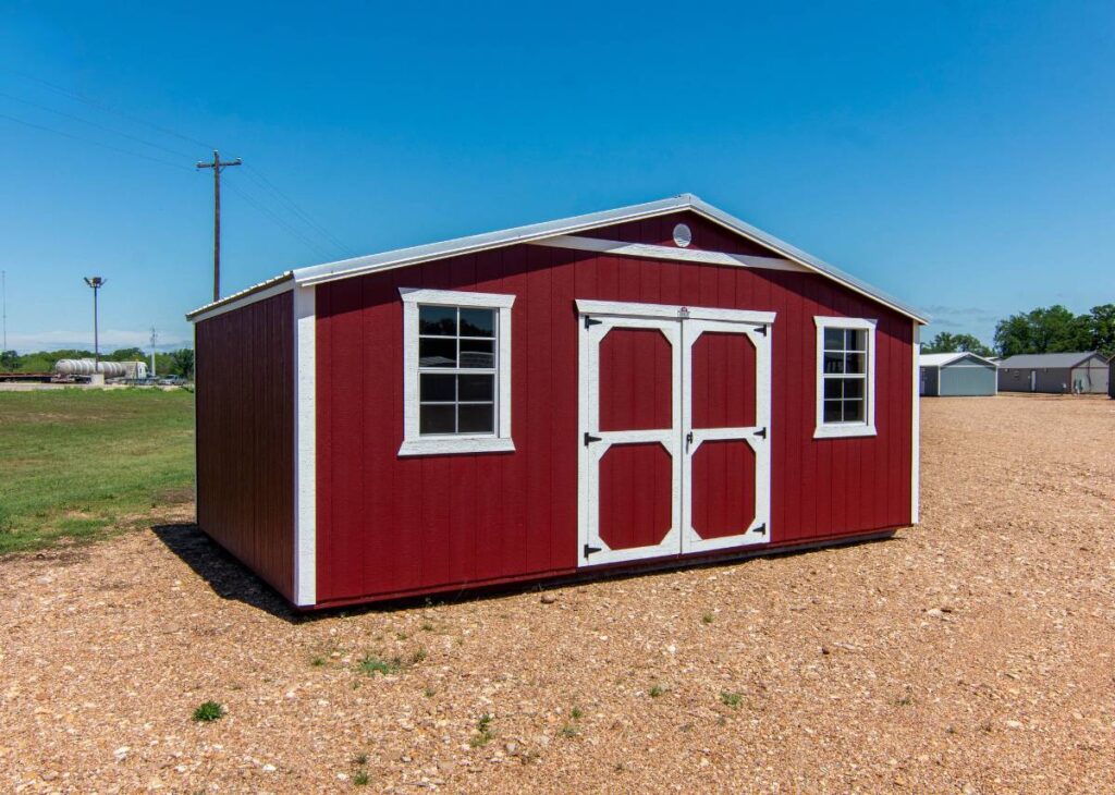 Red best value wood shed for sale at Tiny Hive in Giddings