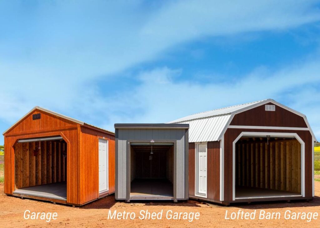 Three portable garages for sale at Tiny Hive in Giddings, TX