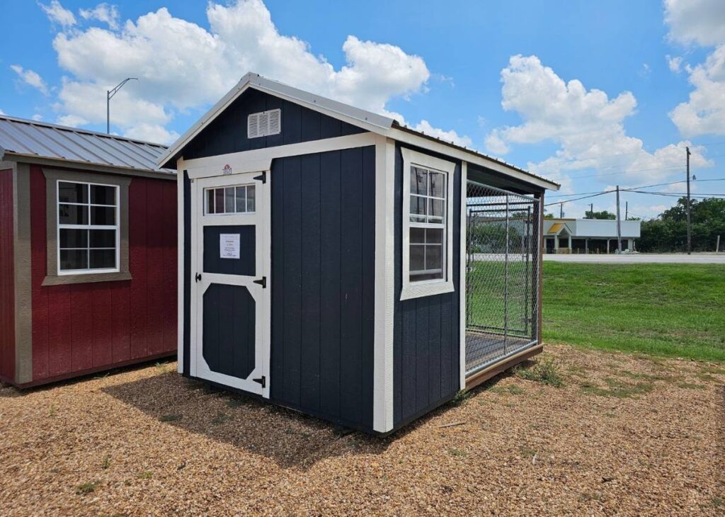Blue outdoor dog kennel for sale at Tiny Hive in Giddings, TX