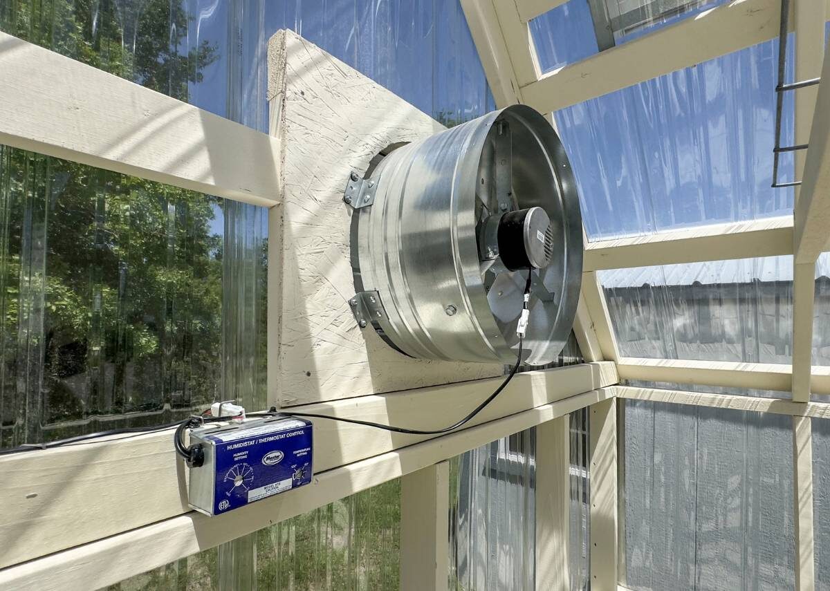 Automatic fan in greenhouse at Tiny Hive in Giddings