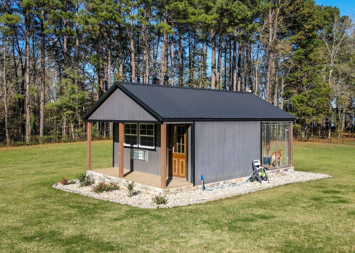 Lovely large dog kennel for outside with storage at Tiny Hive in Giddings, TX