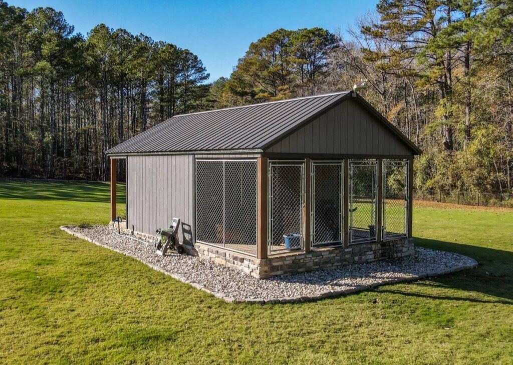 Dog kennel with landscaping for multiple large dogs in Giddings, TX at Tiny Hive