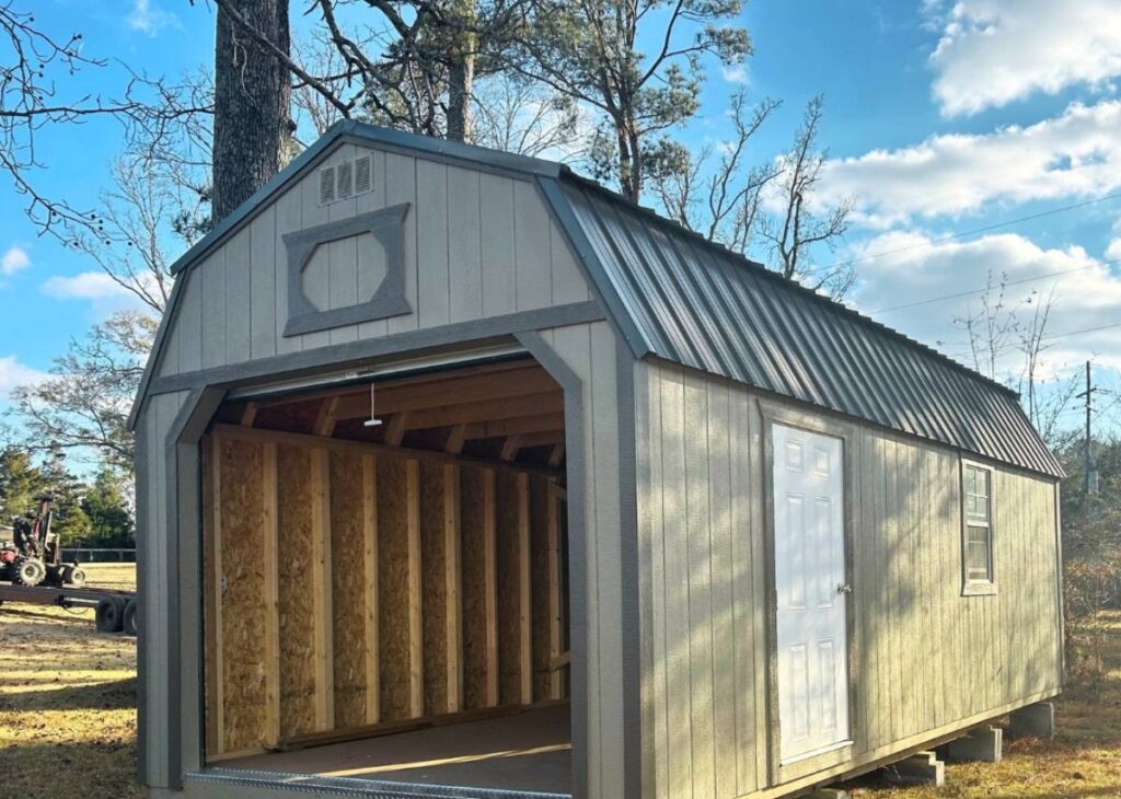 Portable lofted garage for sale at Tiny Hive in Giddings, TX