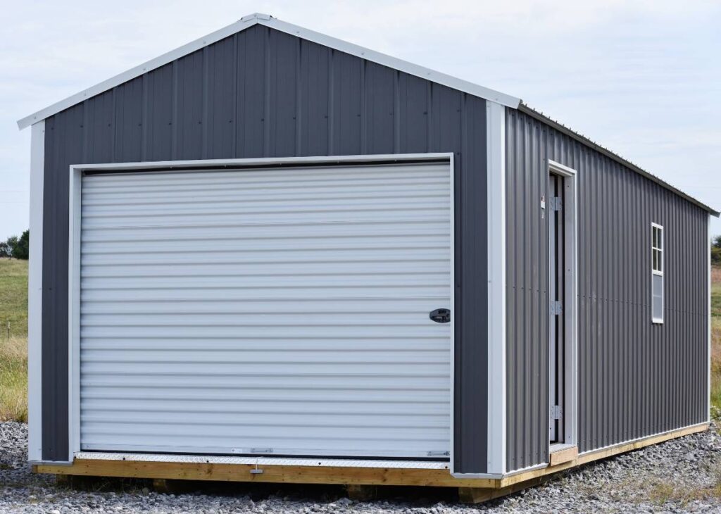 Metal portable garage at Tiny Hive in Giddings