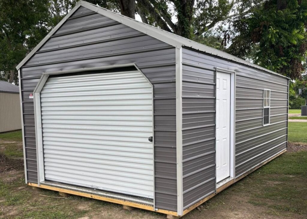 Metal portable garage for sale at Tiny Hive in Giddings, TX