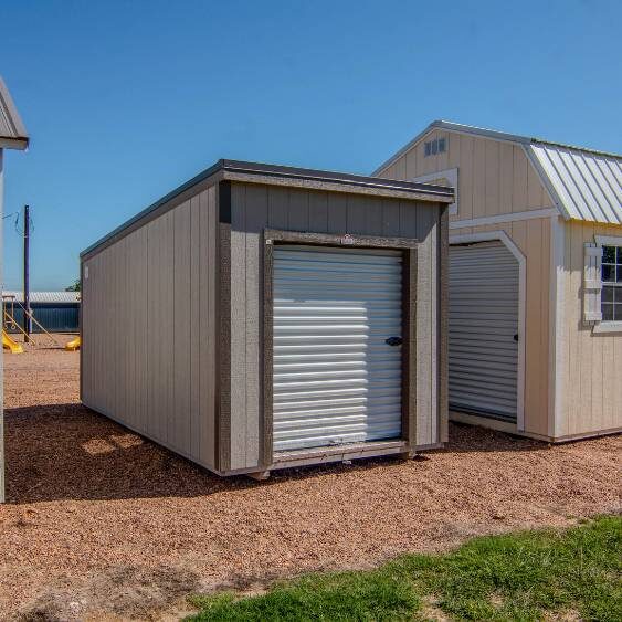 Small portable garage shed at Tiny Hive in Giddings, TX