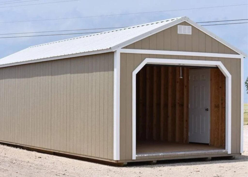 Painted portable garage for sale at Tiny Hive in Giddings