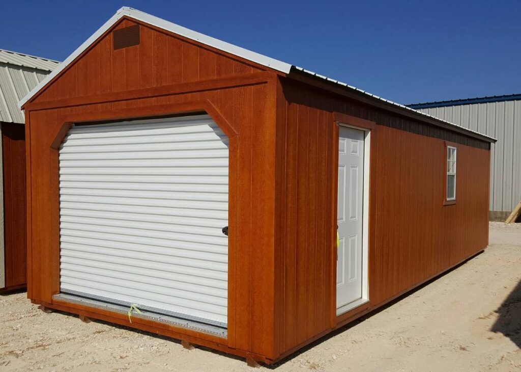 Derksen portable garage with roll door for sale at Tiny Hive in Giddings