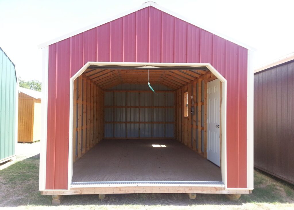 Interior of open portable garage at Tiny Hive in Giddings