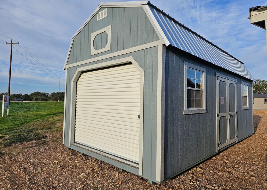 Lofted barn garage for sale at Tiny Hive in Giddings, TX