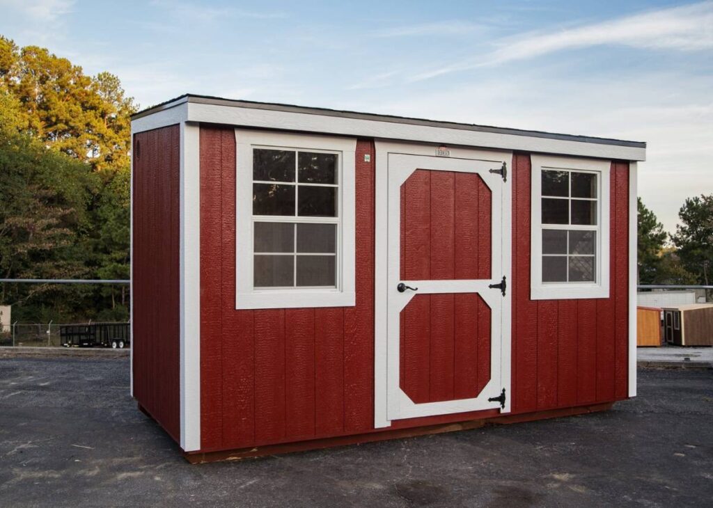 Red metro shed kit for sale at Tiny Hive in Giddings, TX