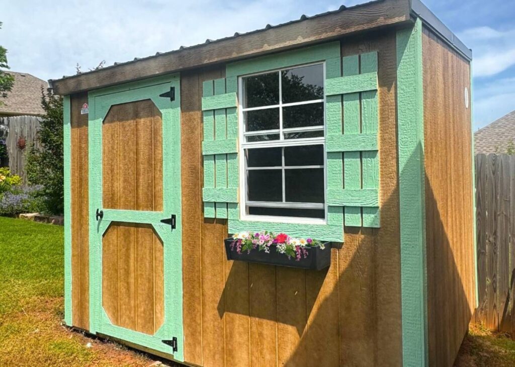 Metro shed with flower box for sale at Tiny Hive