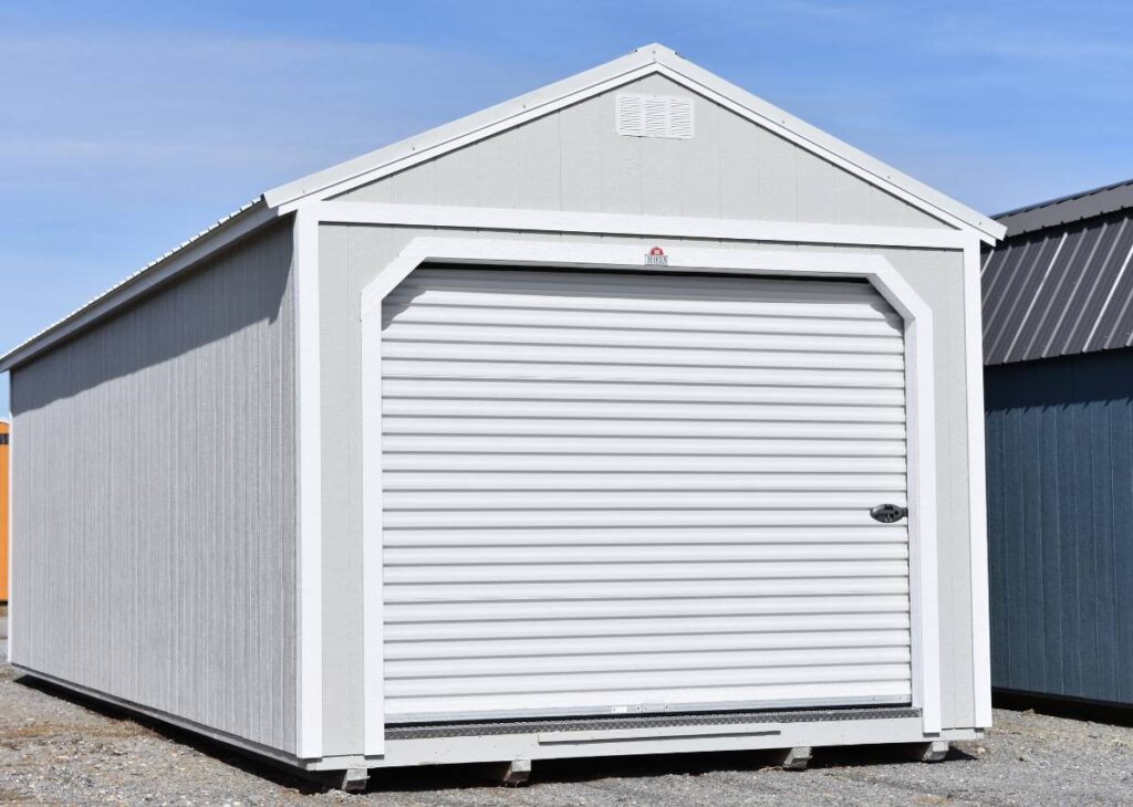 White portable garage for sale at Tiny Hive in Giddings, TX