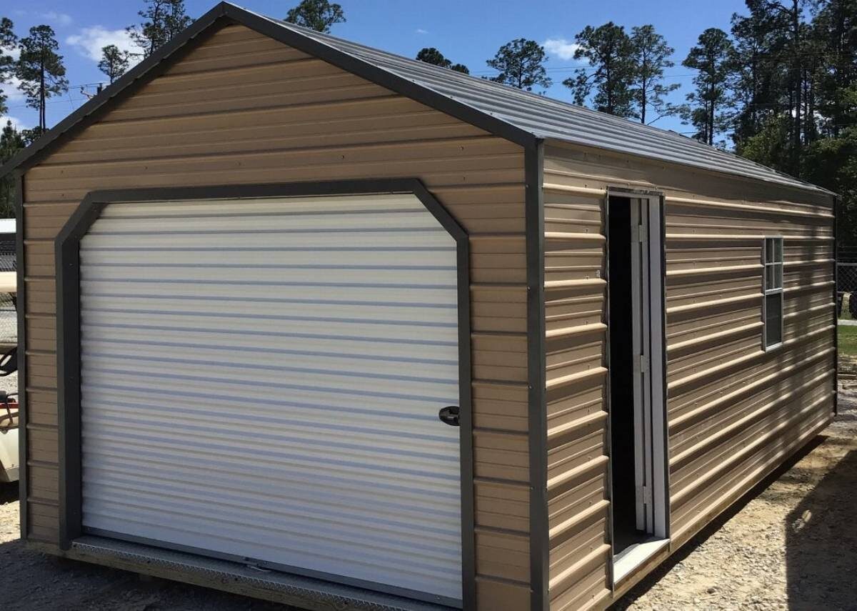 Portable garage with Z metal at Tiny Hive in Giddings, TX