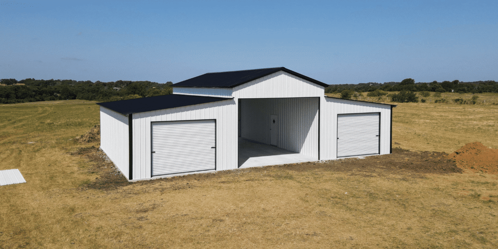 White and black Safeguard Metal Building for sale at Tiny Hive in Giddings