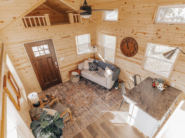 Living room in Scout tiny home at Tiny Hive in Giddings, TX