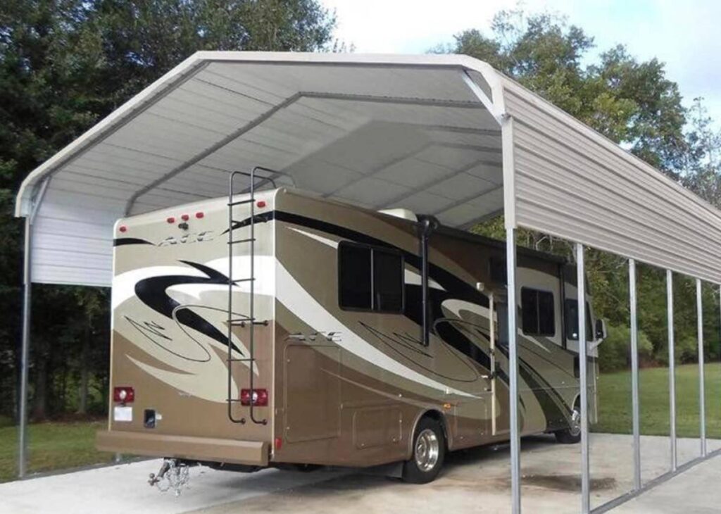 Metal carport for RV at Tiny Hive in Giddings, TX