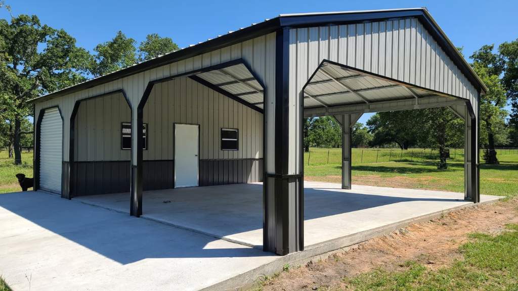 Lovely metal combo utility building for sale at Tiny Hive in Giddings, TX