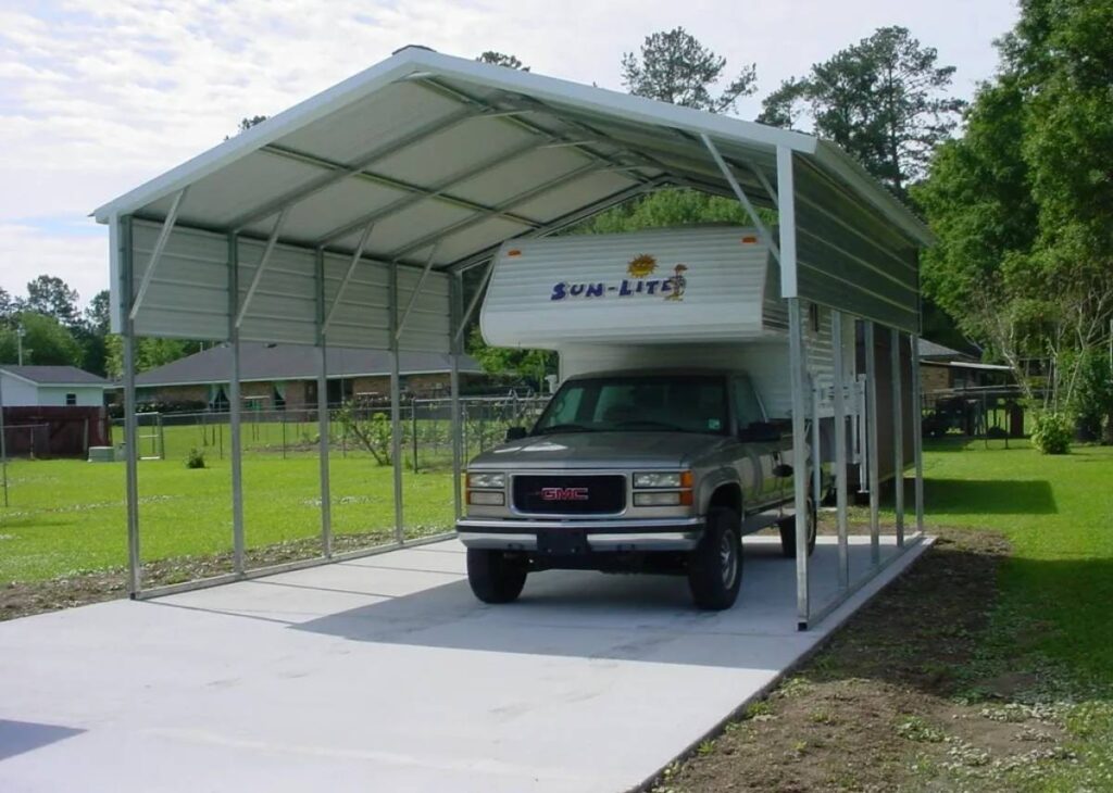 RV carport with open sides for sale at Tiny Hive in Giddings, TX