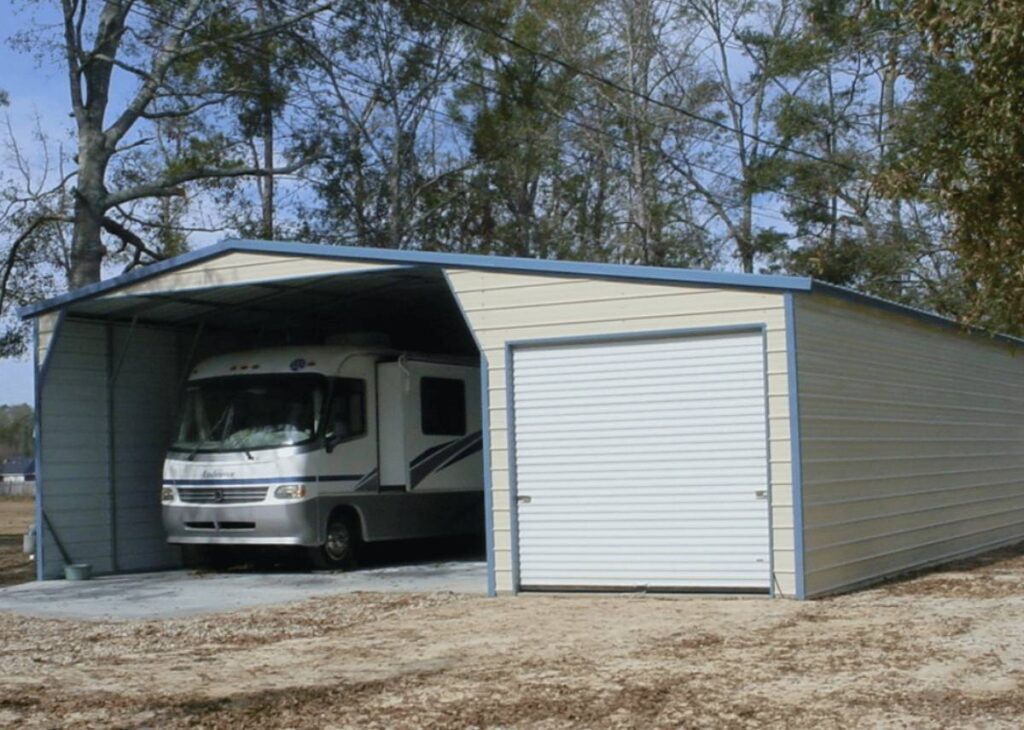 Metal RV carport and garage at Tiny Hive in Giddings, TX
