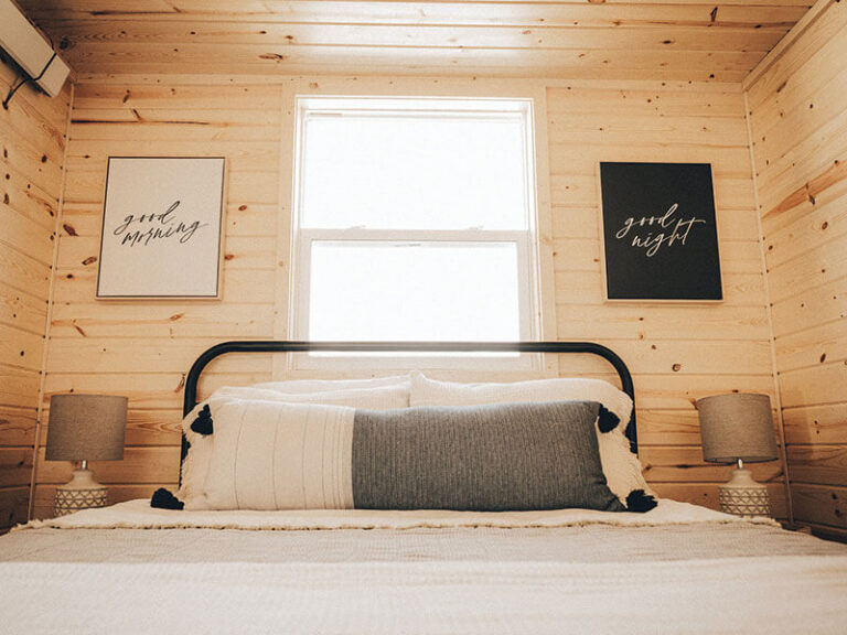 Bed in Model A Dakota Cabin for sale at Tiny Hive in Giddings, TX