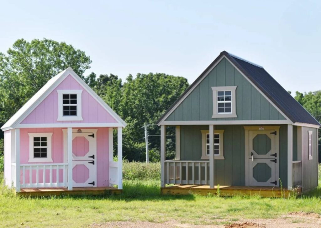 Pink playhouse and green playhouse for the backyard at Tiny Hive