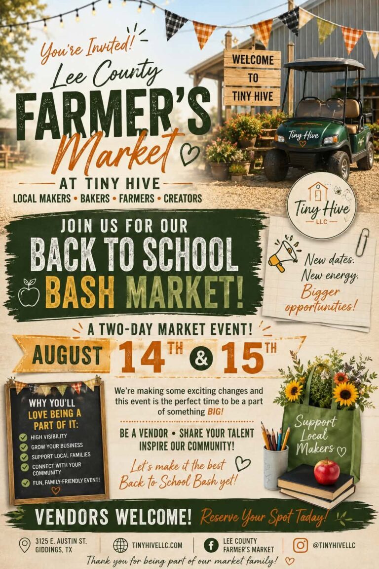Farmers market in Giddings, Texas on the lot of Tiny Hive